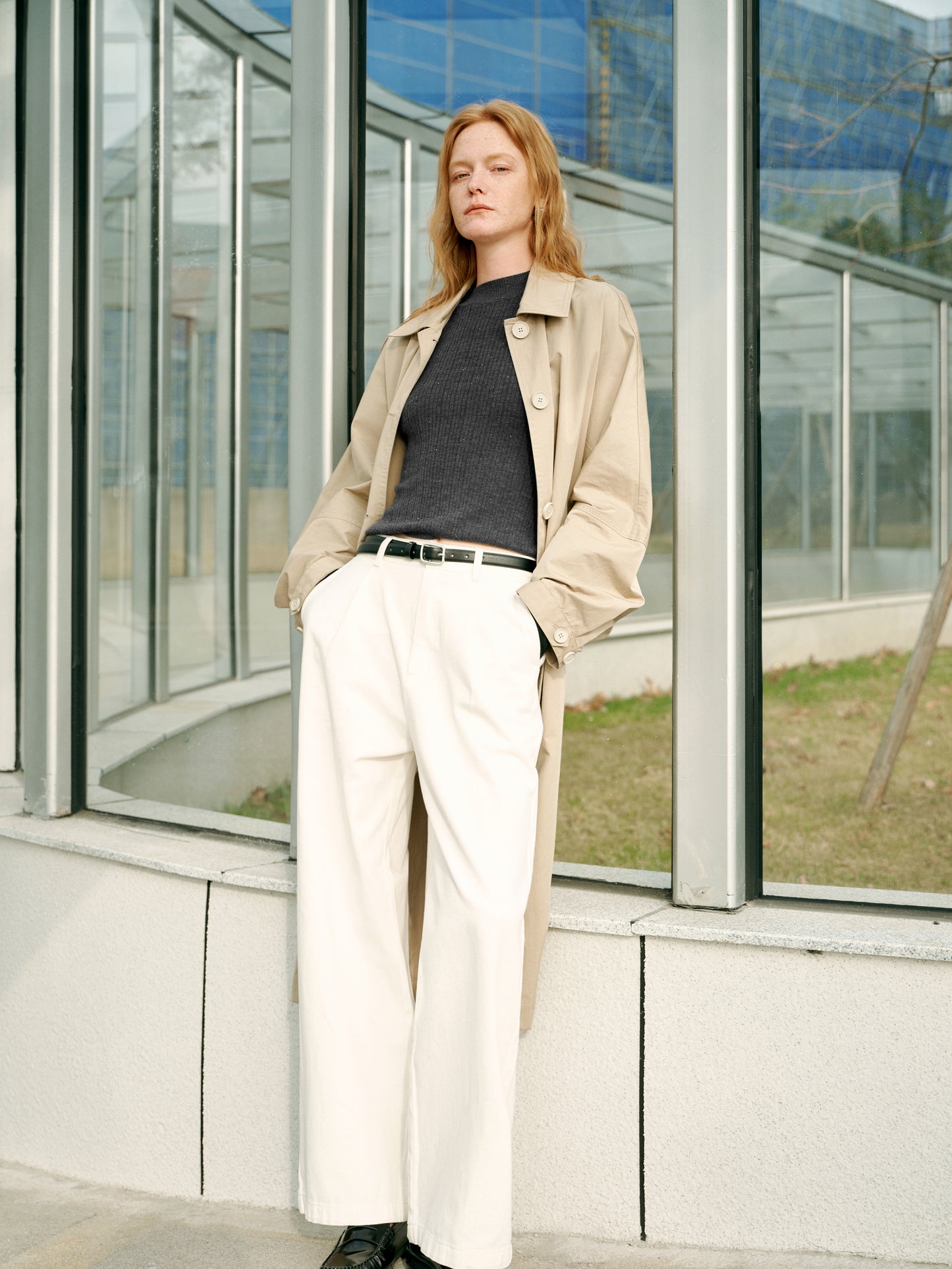 Cream wide leg pants with black belt