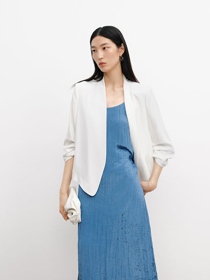 Women's Summer V Neck Pleated Sleeve Acetate Short Blazer