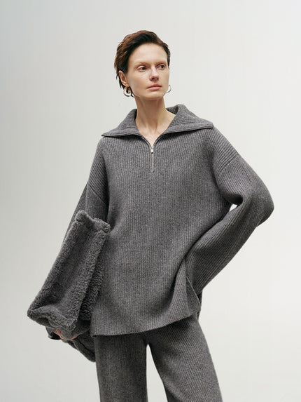 Women's Gray Zipper Lapel Design Sheep Wool Sweater