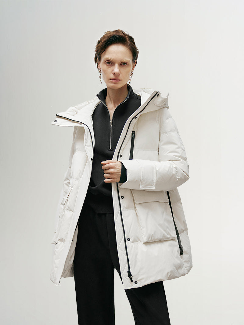 Women's White Waterproof Goose Mid-Length Puffer Jacket