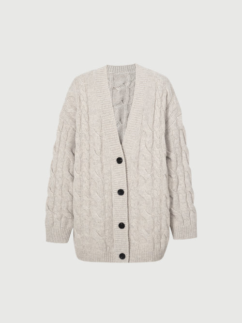 Carica immagine 1 in visualizzazione galleria. Women's Oatmeal-Colored V Neck 100% Wool Heavy Sweater Cardigan