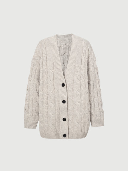 Women's Oatmeal-Colored V Neck 100% Wool Heavy Sweater Cardigan