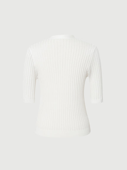 Top en tricot lyocell blanc, col en V, manches mi-longues