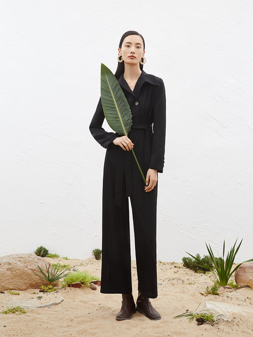 Load image 1 in gallery view. Women's Black Long Sleeve Acetate Jumpsuits