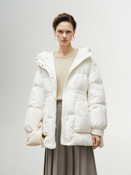 Women's White Warm Goose Puffer Hooded Jacket