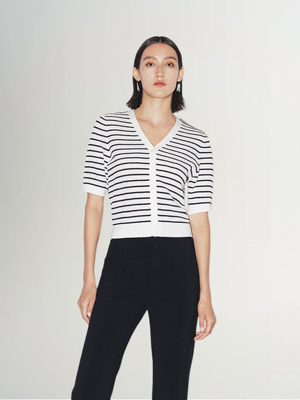 Women's White Black Stripes V Neck Short Sleeve Acetate Knitwear Top