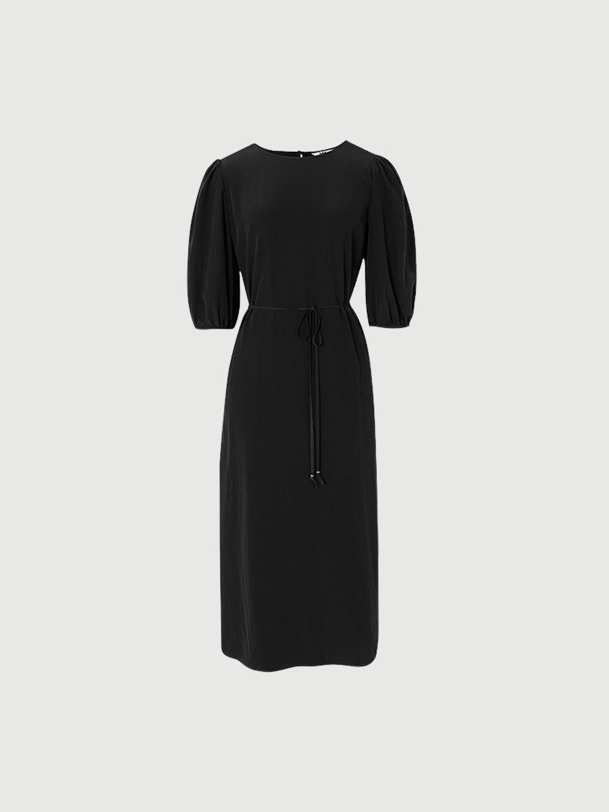 Black silk dress with puffed sleeves and boat neck