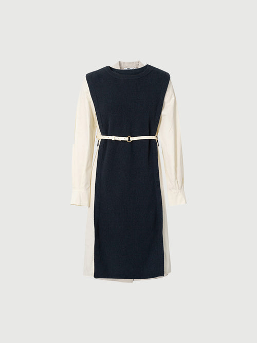Load image 1 in gallery view. Black dress with round neck, long sleeves and belt