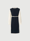 Black dress with round neck, long sleeves and belt