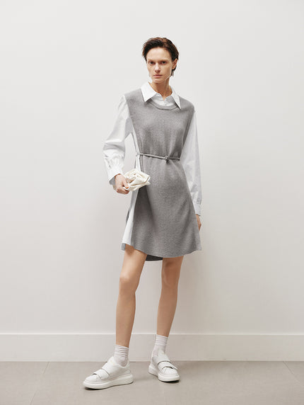 Women's Gray Whit Floral Classic Collar Long Sleeve Belted Splicing Dress