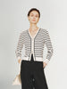 Women's White Black Stripes V Neck Button Down Knitwear Top