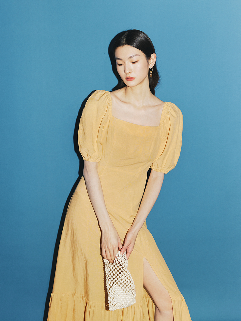 Women's Sunset Orange Square Neck Puff Sleeves High Waist Frill Hem Dress