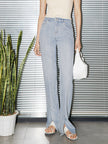 Women's Dark Blue Straight Fit Slit Design Denim Jeans