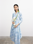 Women's Floral Sky Blue V Neck Pleated Waist Irregular Hem Dress