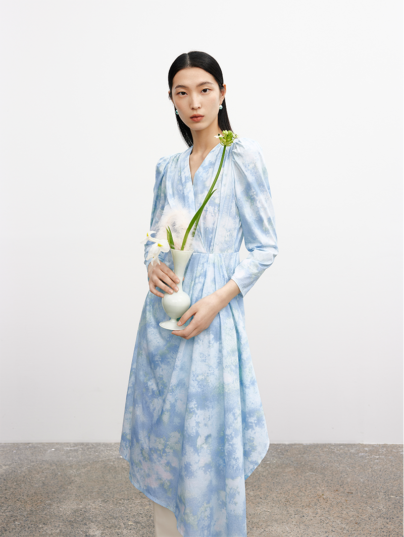 Women's Floral Sky Blue V Neck Pleated Waist Irregular Hem Dress