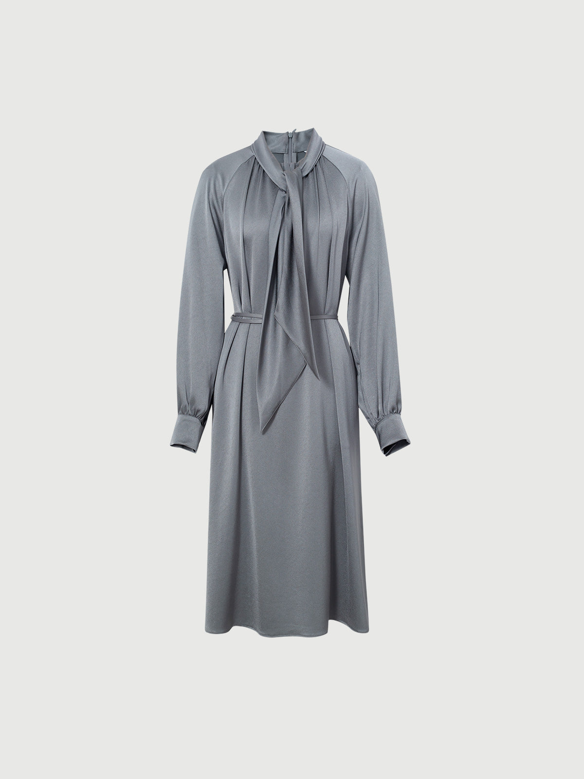 Women's Gray Tie Neck Long Sleeves Belted Dress
