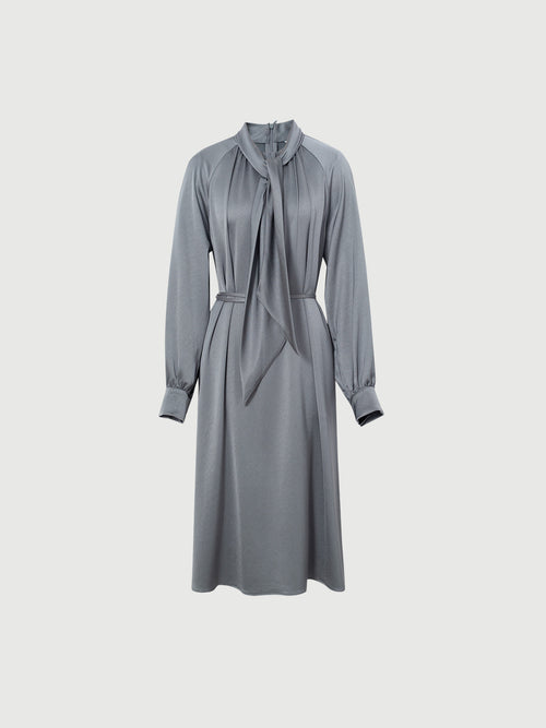 Load image 1 in gallery view. Women's Gray Tie Neck Long Sleeves Belted Dress