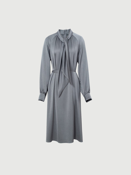 Women's Gray Tie Neck Long Sleeves Belted Dress 5DA194791