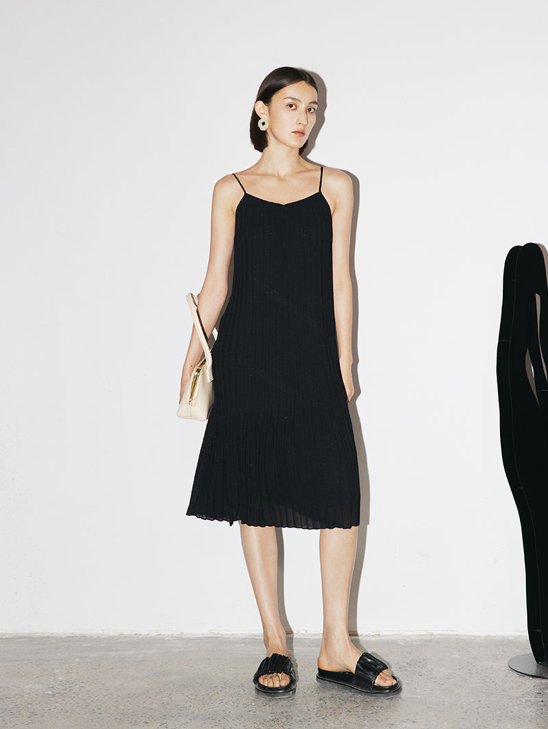 Women's Black V Neck Silver Tiny Shiny Fabric Slip Dress