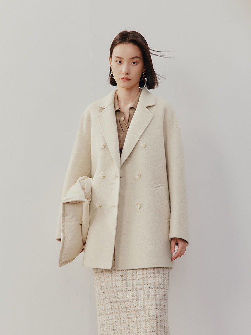 Women's White Notch Lapel Sheep Wool Short Coat