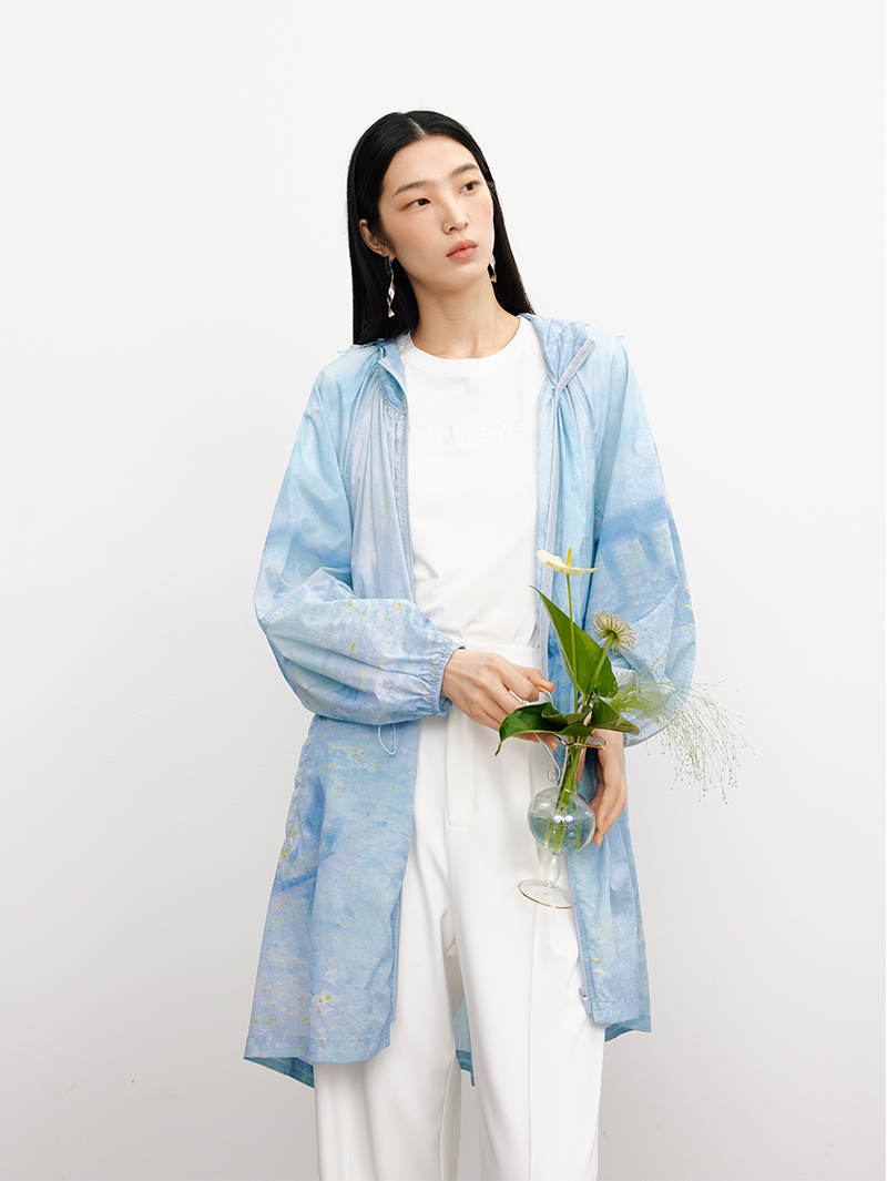 Women's Floral Blue Drawstring Waist Zipper Hoodie Middle Length Jacket