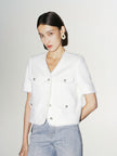 Women's Original White V Neck Texture Fringes Shoulder Pad Short Jacket