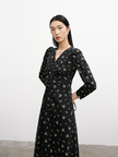 Black cotton mid-length dress with floral patterns