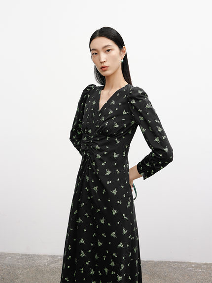 Black cotton mid-length dress with floral patterns