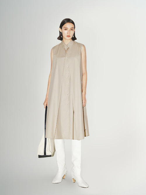 Load image 1 in gallery view. Women's Light Beige Stylish Stand Collar H Shape 100% Cotton Dress