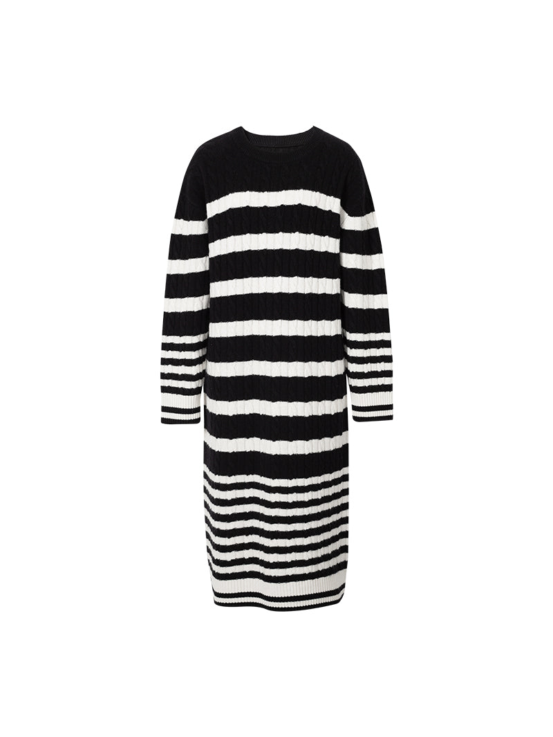 Women's Black White Stripe Turtleneck Long Sleeve Sweater Dress