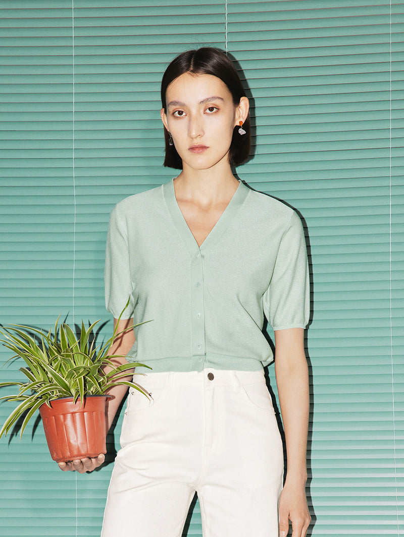 Women's Mint Green V Neck Short Sleeves Lyocell Knit Top