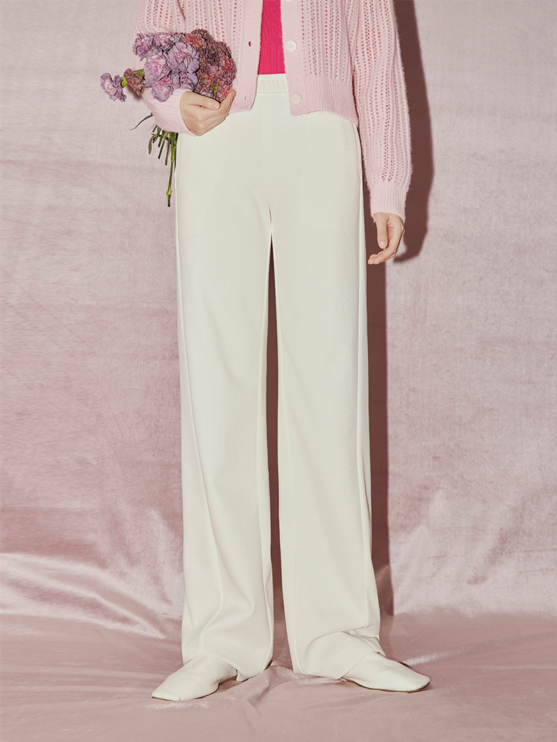 Women's White Corduroy Straight Fit Trousers