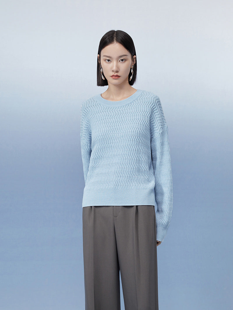 Women's Blue Round Neck Knit Pullover Sweater