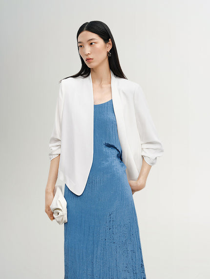 Women's Summer V Neck Pleated Sleeve Acetate Short Blazer