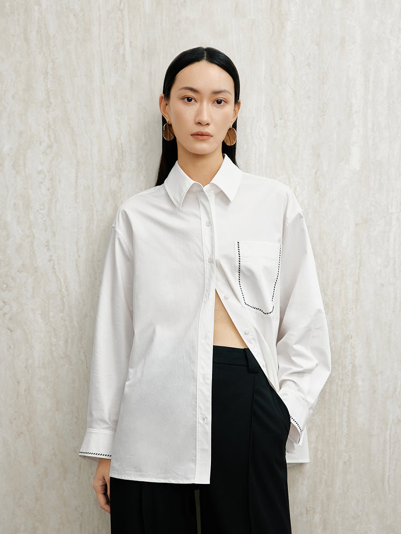 Women's White Collar Long Sleeve Cotton Triacetate Shirt