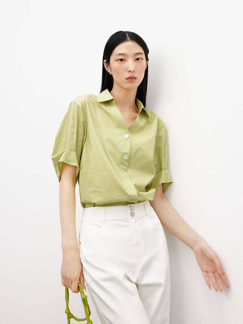 Women's Green  Polo V Neck Short Sleeves 100% High Quality Cotton Shirt