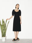 Women's Black Square Neck Puff Sleeves Smooth Vinegar Dress