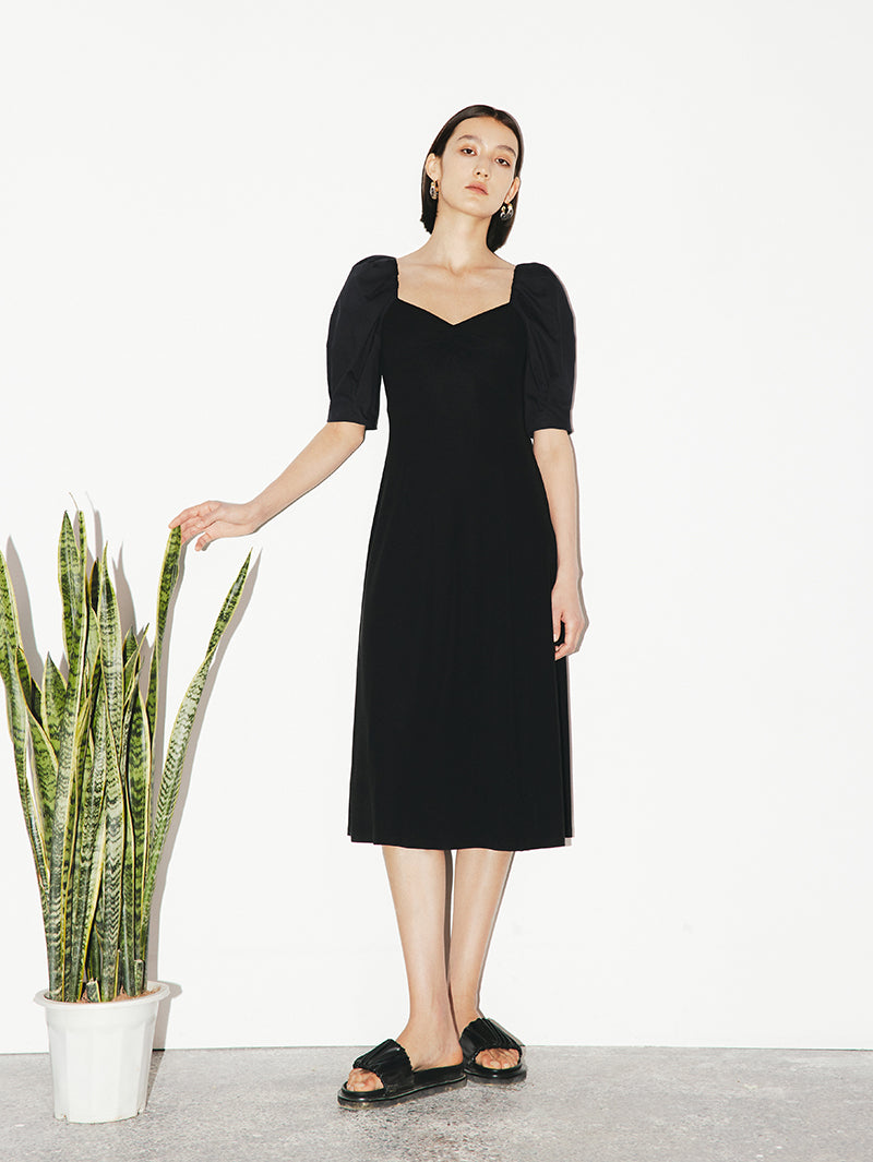 Women's Black Square Neck Puff Sleeves Smooth Vinegar Dress