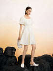 Women's Light Beige Square Neck Puff Sleeves Pleated Fabric Dress