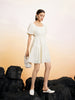 Women's Light Beige Square Neck Puff Sleeves Pleated Fabric Dress