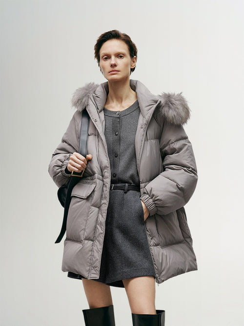Load image 1 in gallery view. Women's Gray Warm Goose Puffer Hooded Jacket with Fur