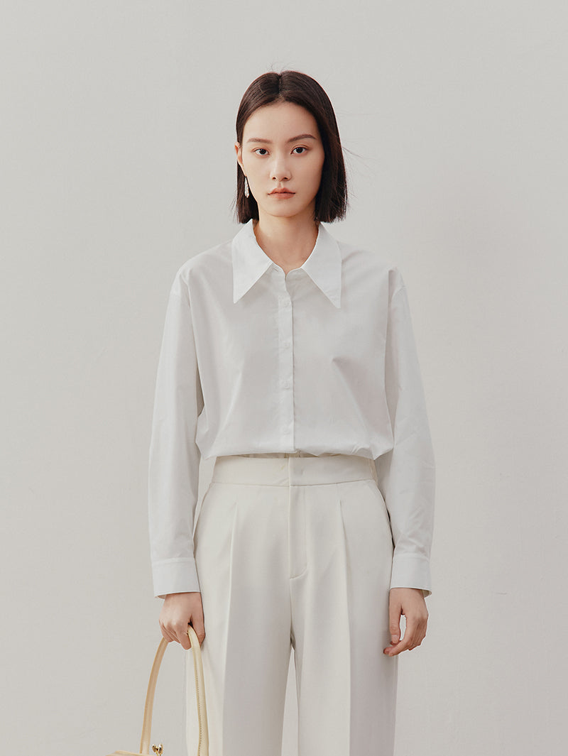 Women's White Classic Collar Long Sleeve 100% Cotton Round Hem Shirt