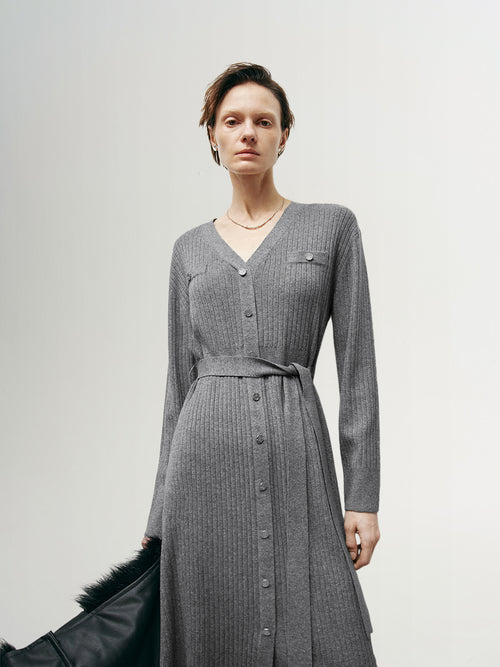 Load image 1 in gallery view. Women's Rock Gray V Neck Rib Knit Tie Belt Jersey Dress