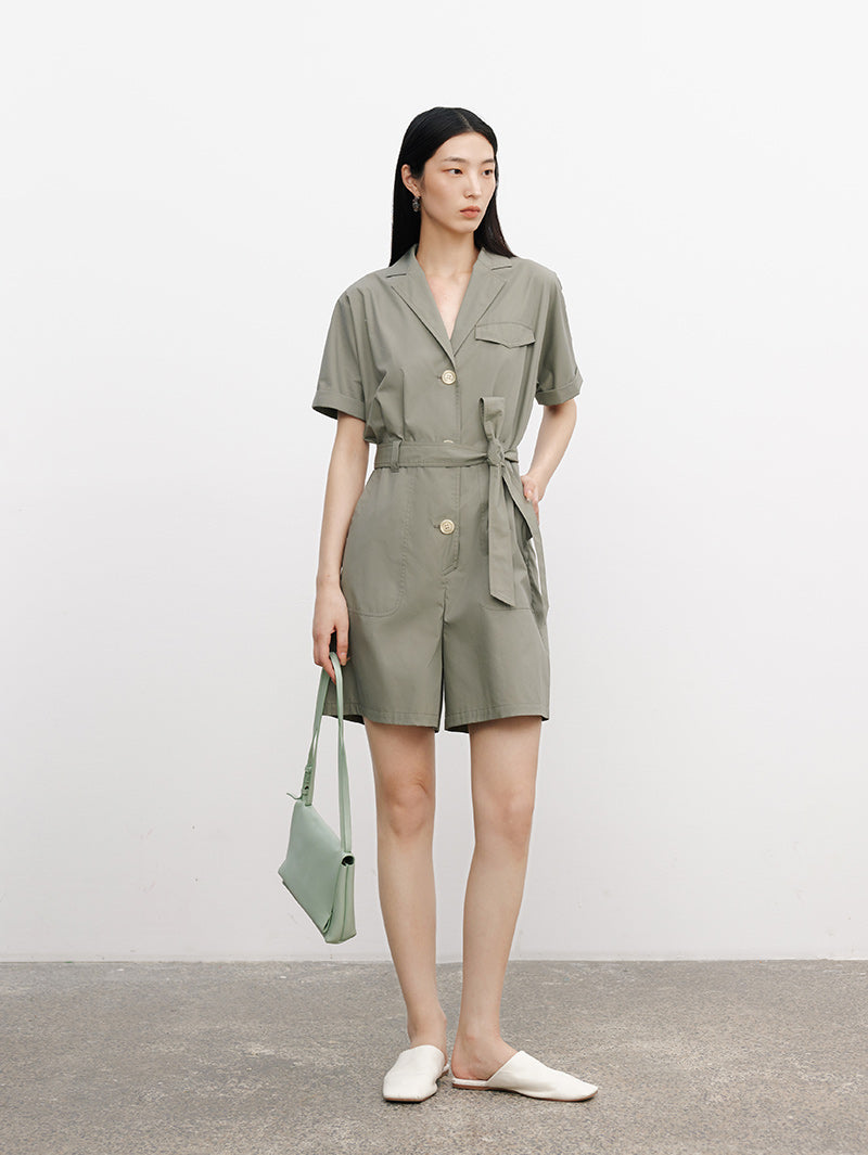 Women's Short Sleeve Belted Short Jumpsuits