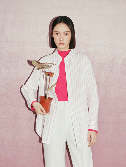 Women's Pink Stripe 100% Cotton Long Sleeve Shirt