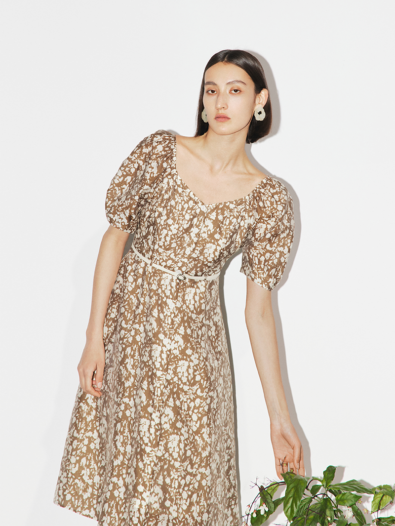 Women's Floral Caramel Square Neck Puff Sleeves Breathable Lyocell Dress