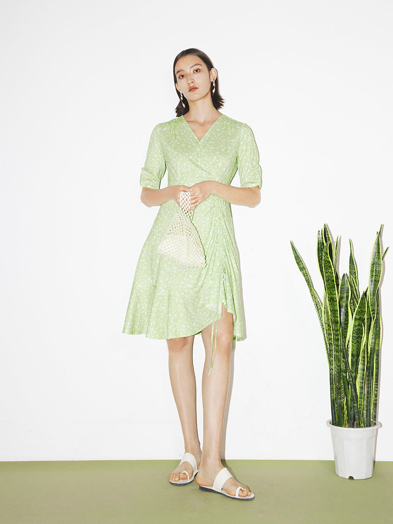 Women's Floral Light Green V Neck A-Line 100% Cotton Wrap Dress