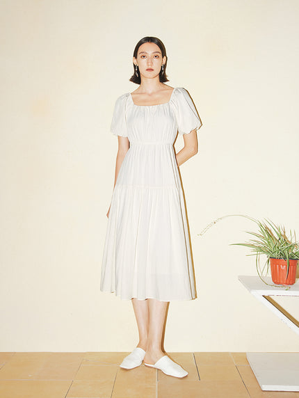 Women's Light Beige Square Neck Puff Sleeves Breathable Summer Dress