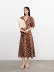Women's Floral Underglaze Red V Neck Puff Sleeves Wrap Dress