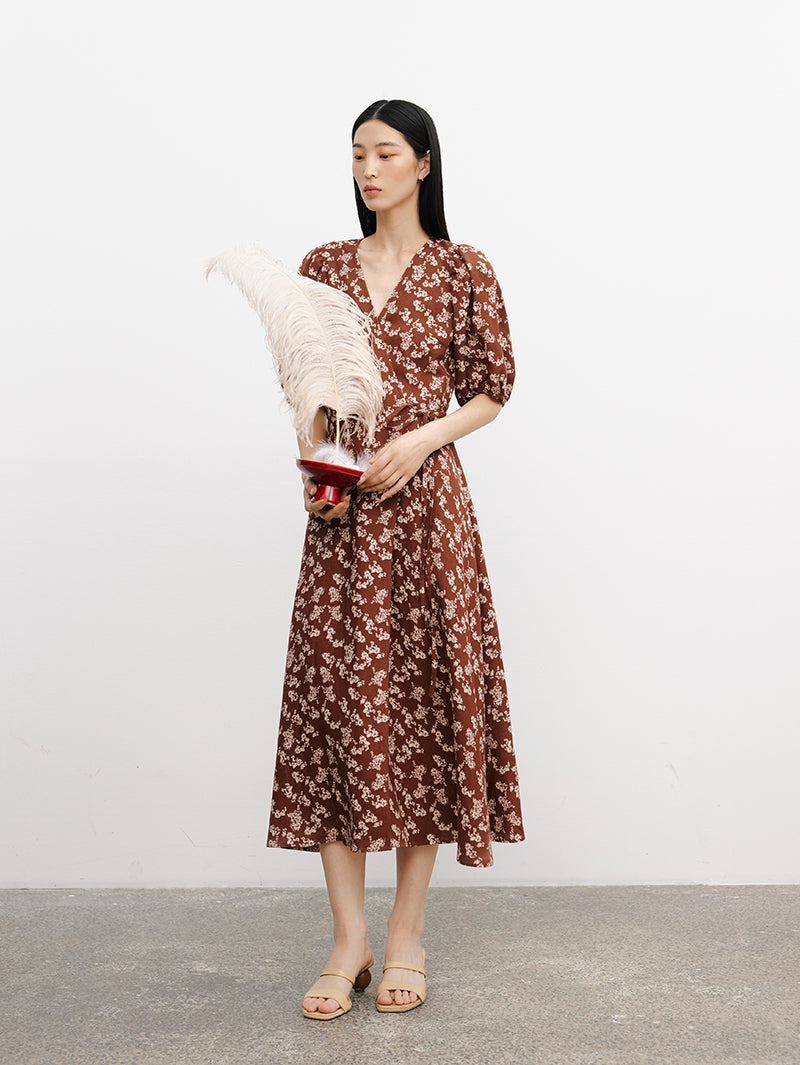 Women's Floral Underglaze Red V Neck Puff Sleeves Wrap Dress